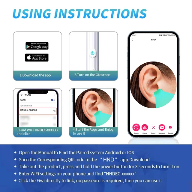 Nettoyeur d'oreille visuel intelligent avec caméra 1296P, bâtons d'oreille, chargement USB C, outil de suppression d'avertissement d'oreille, connexion WiFi, 6 lumières LED, cure-oreille – Image 6