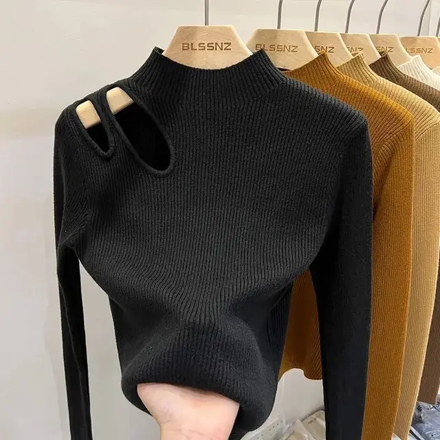 Col roulé tricoté femmes pull côtelé pulls automne hiver basique femmes chandails ajustement doux dessus chaud – Image 5