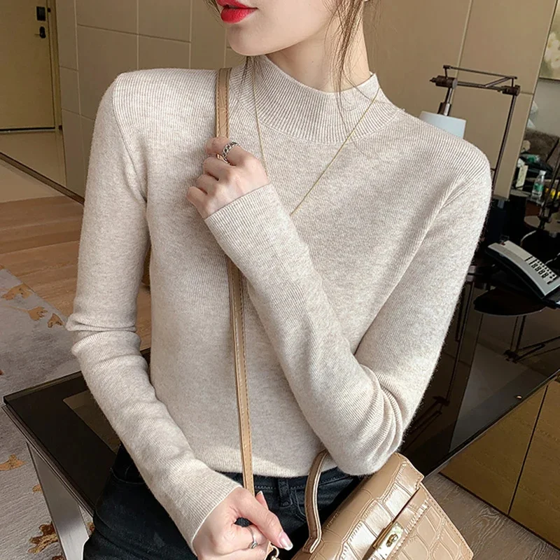 Pull à col roulé femmes mode nouveaux hauts extensibles femmes pulls tricotés à manches longues fond tricoté pull