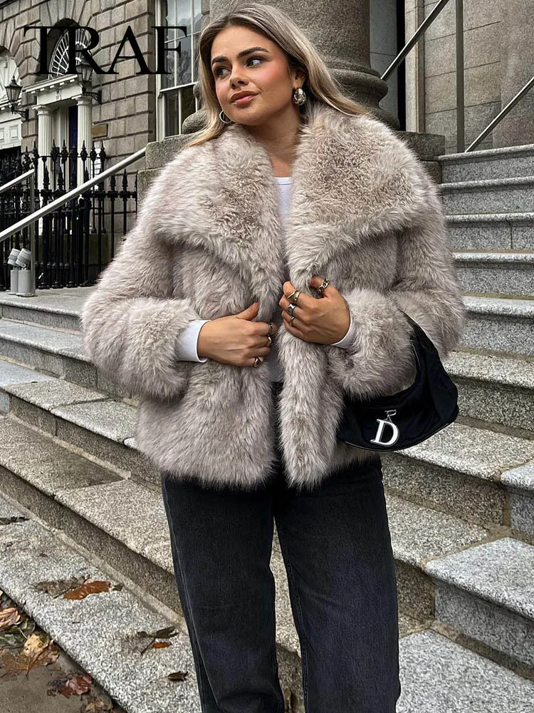TRAFZA femmes mode recadrée fausse fourrure veste manteau à manches longues avant bouton pression vêtements de dessus pour femmes Chic revers col épais manteau