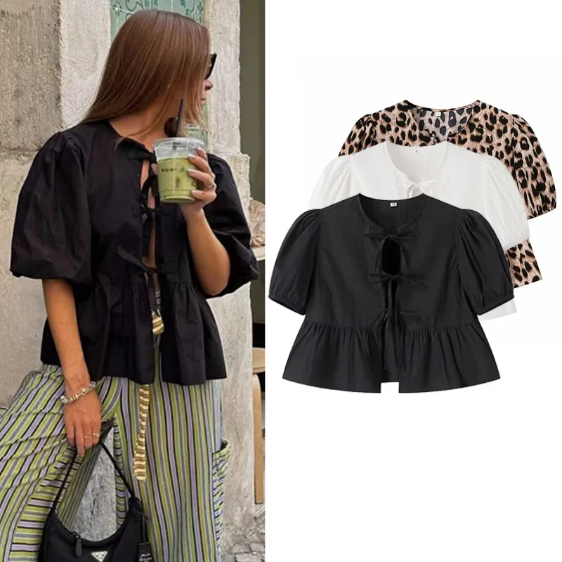 HXAO chemise femme été 2024 chemises et chemisiers blanc noir léopard chemise à volants coupe ample haut manches courtes culture à lacets Blouses