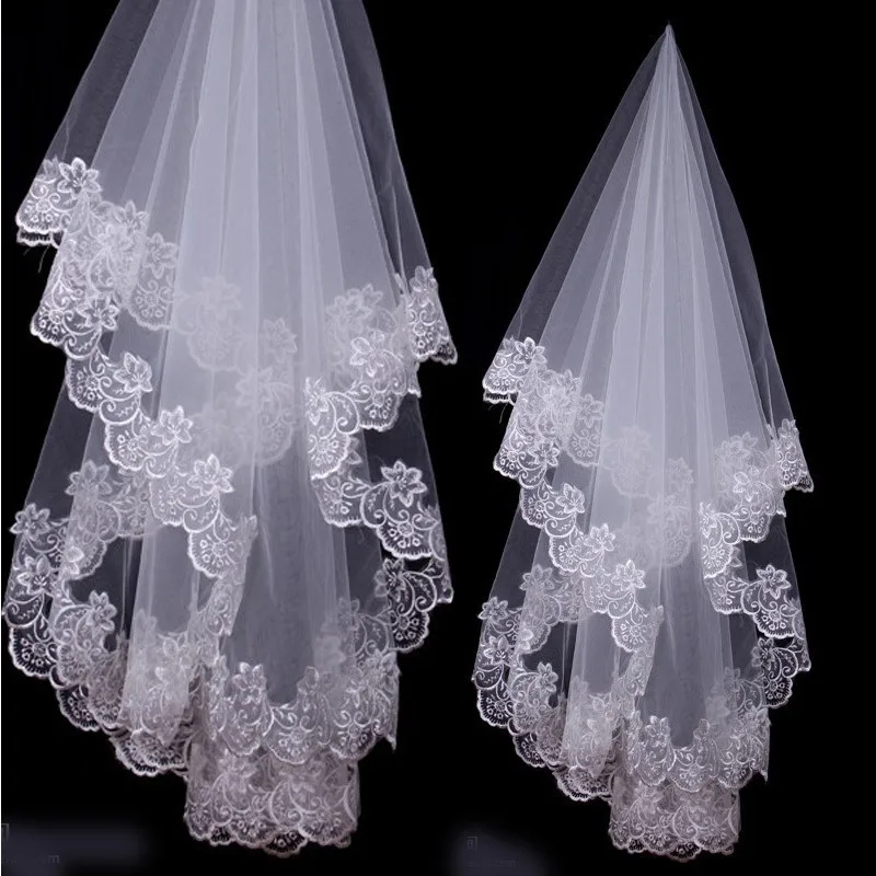 Voile de mariée en dentelle blanche ivoire, bord brodé, Tulle de haute qualité, 1 couche, accessoires de mariage, 2024