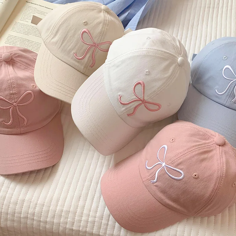 Chapeau de Baseball brodé avec nœud papillon pour femmes, couleur unie, casquette à visière pour fille coréenne, chapeau d'extérieur en coton doux, pare-soleil à rabat