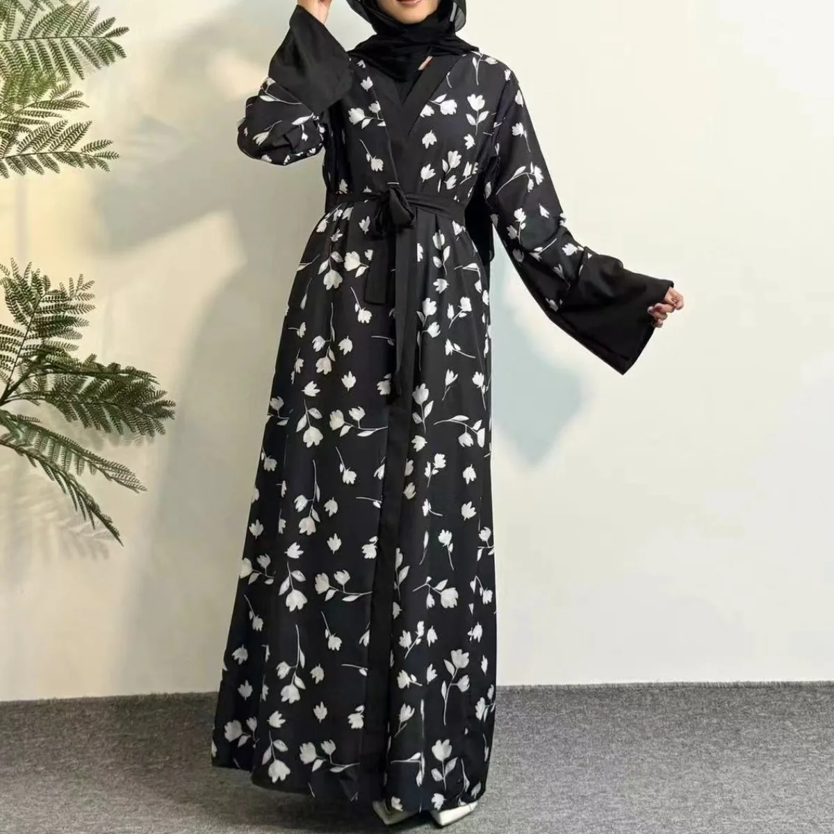 Abaya à imprimé floral ouvert sur le devant, robe maxi à manches longues avec ceinture, vêtements pour femmes, abayas musulmans, kaftans pour femmes, jilbabs