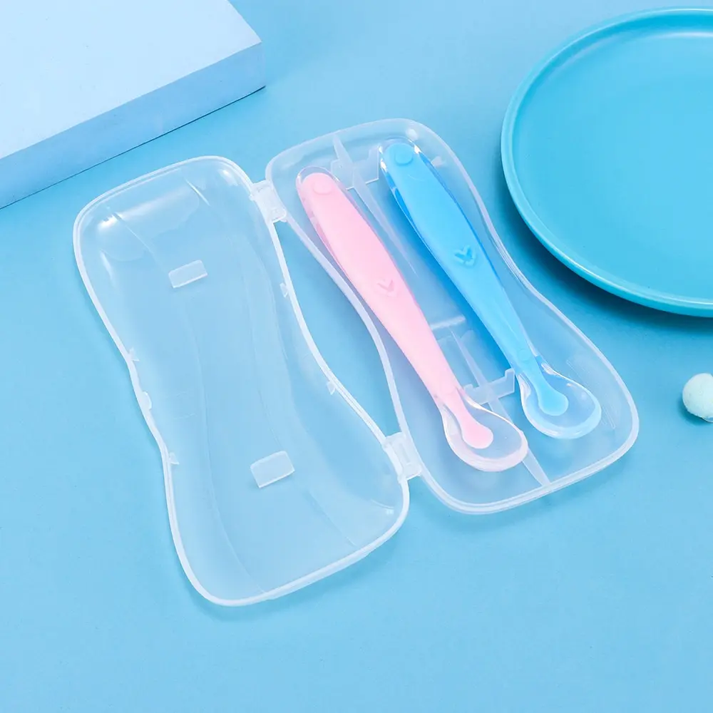 2pcs bébé silicone cuillère ensemble enfants doux PP plastique rose bleu sûr cuillère avec boîte
