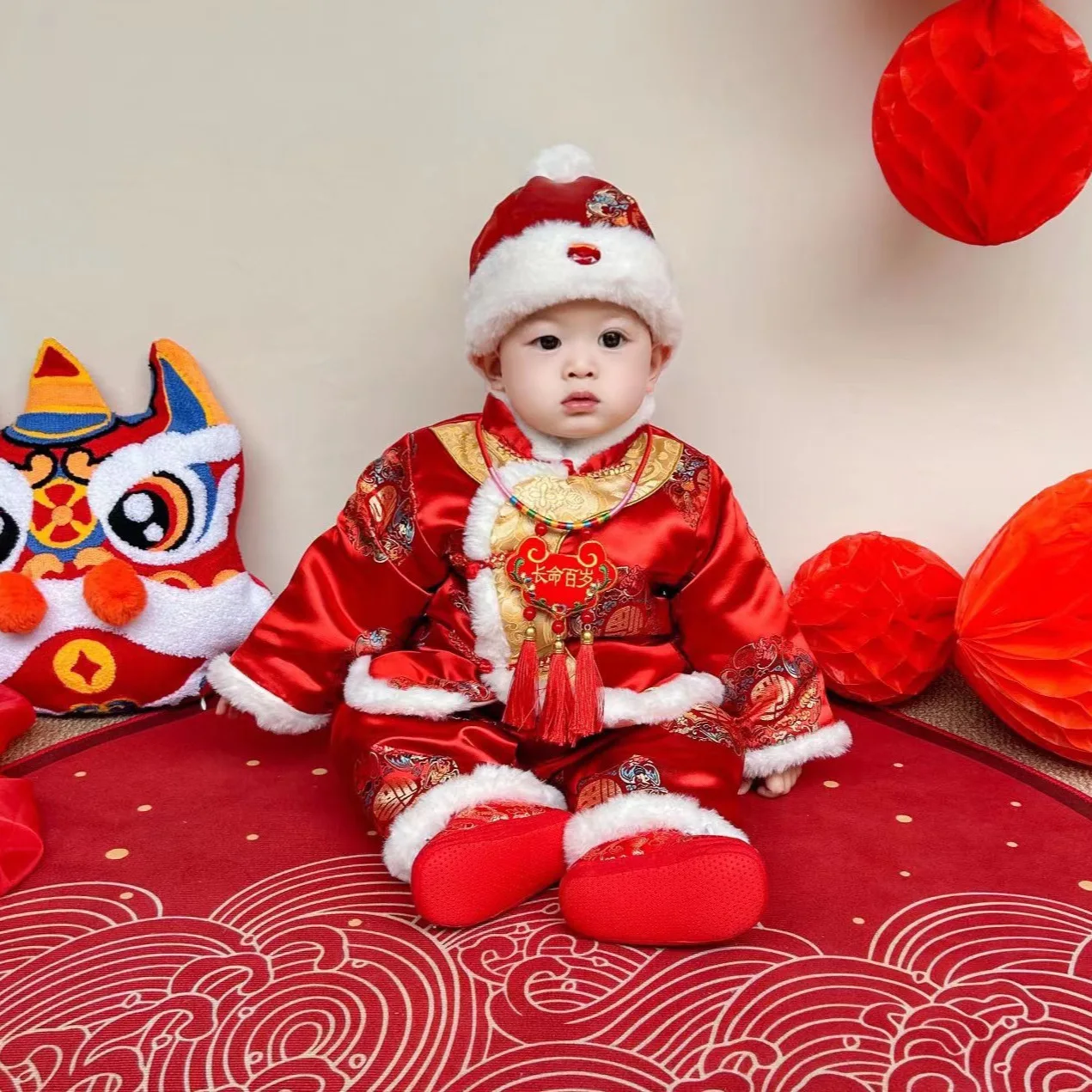 2024NEW Chinese Traditional Tang Suit For Baby New Year Outfit Hanfu Winter Dragon Print Jacket Pants Full Moon Birthday Gift