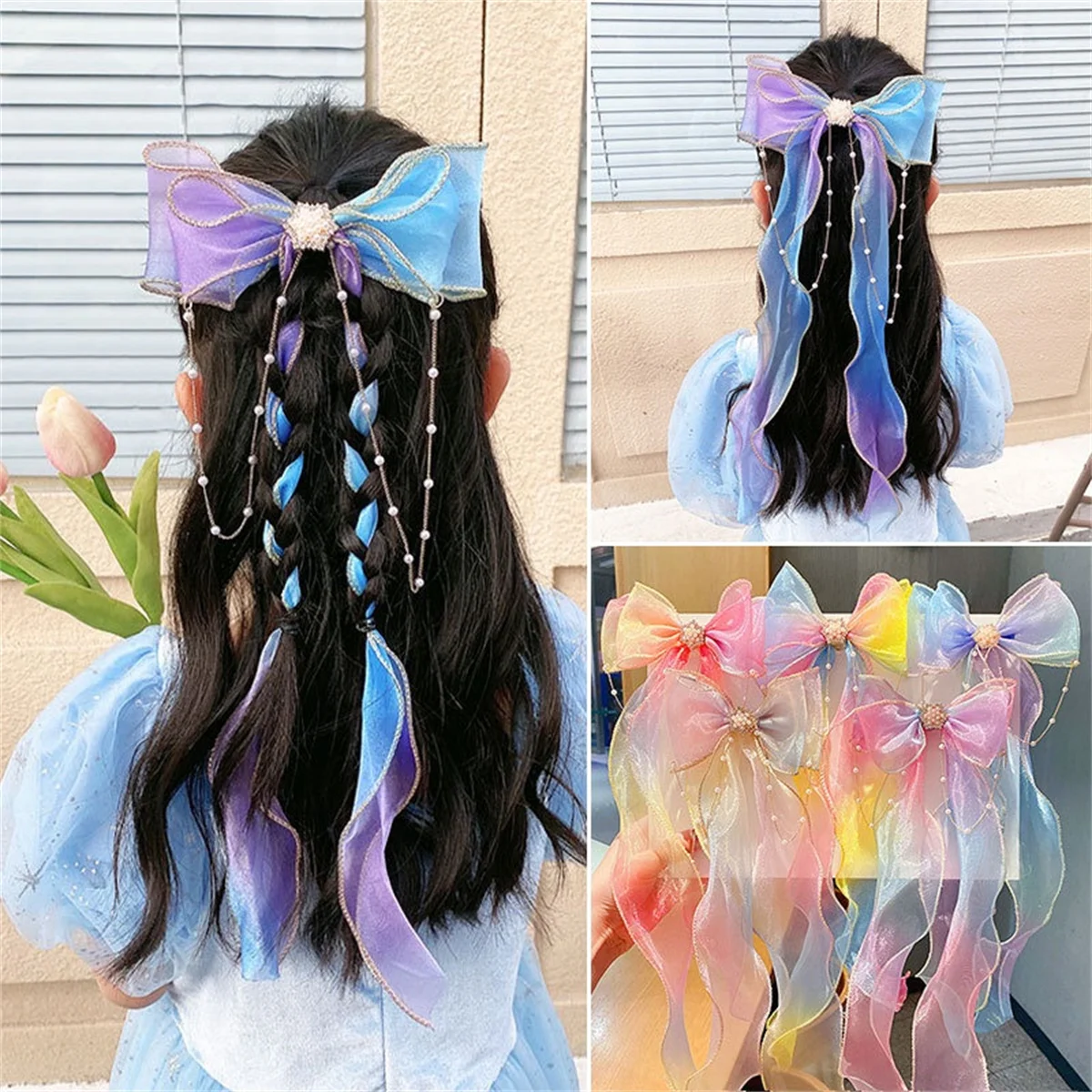 5 Styles disponibles grand ruban bandeau princesse fille Imitation perle nœud papillon tressé bandeau fleur ruban épingles à cheveux