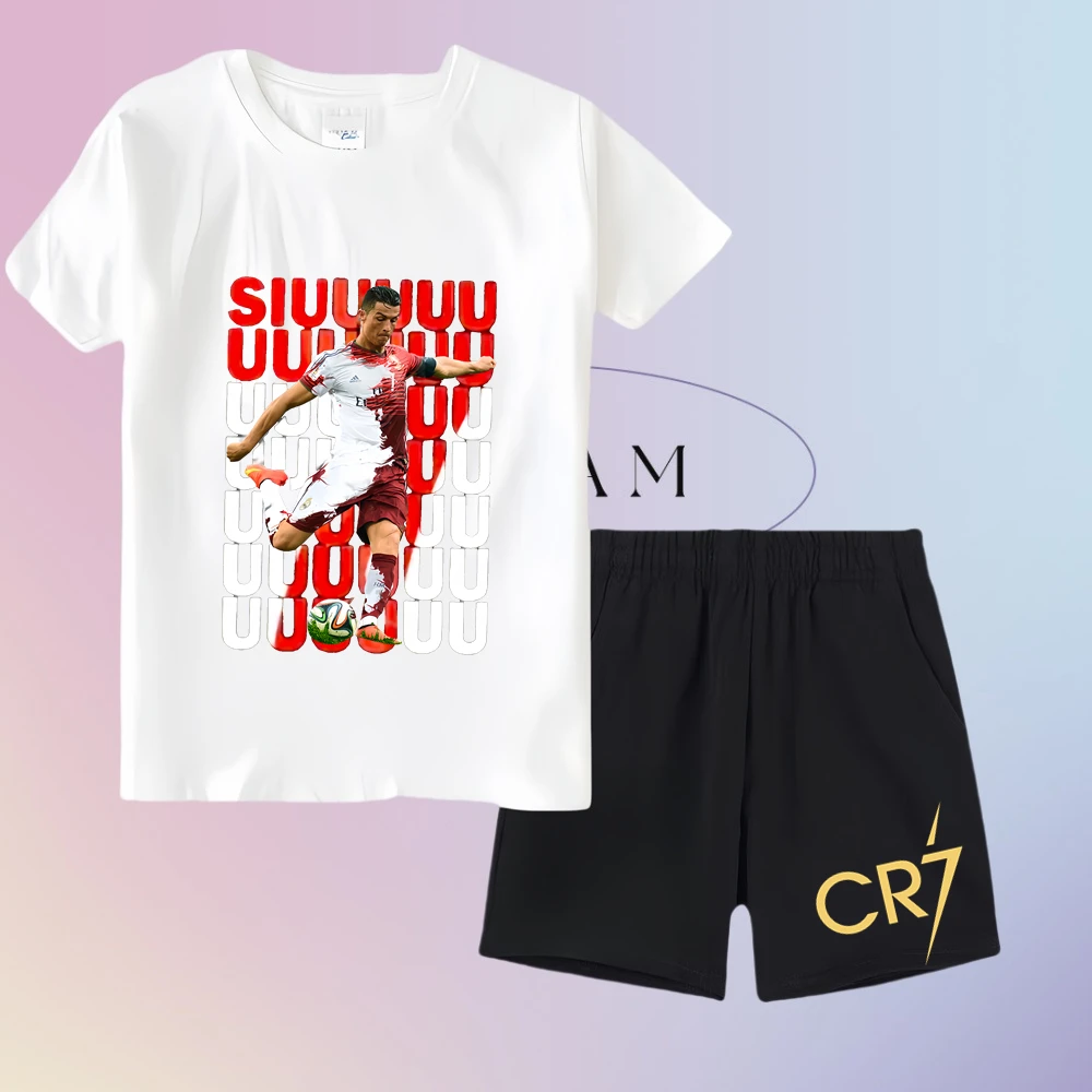 Ensemble imprimé star du football Cristiano Ronaldo, ensemble imprimé T-shirt pour enfants pour garçons et filles âgés de 2 à 14 ans, manches courtes
