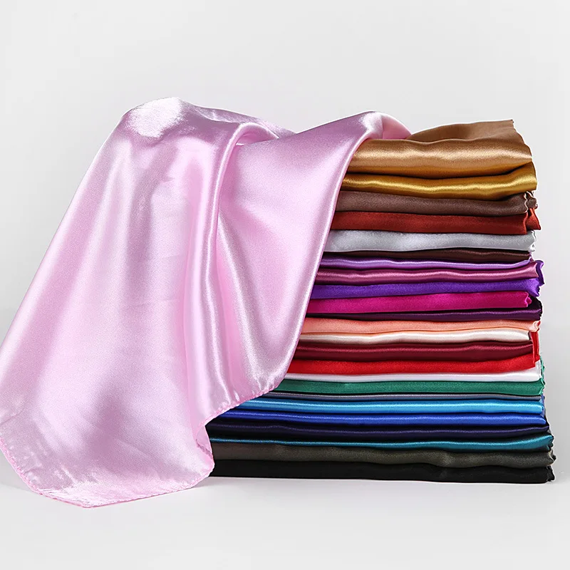 Foulards carrés en soie pour femmes, 90x90cm, Hijab, mouchoir uni, châles enveloppants, foulard de tête, bandeau islamique