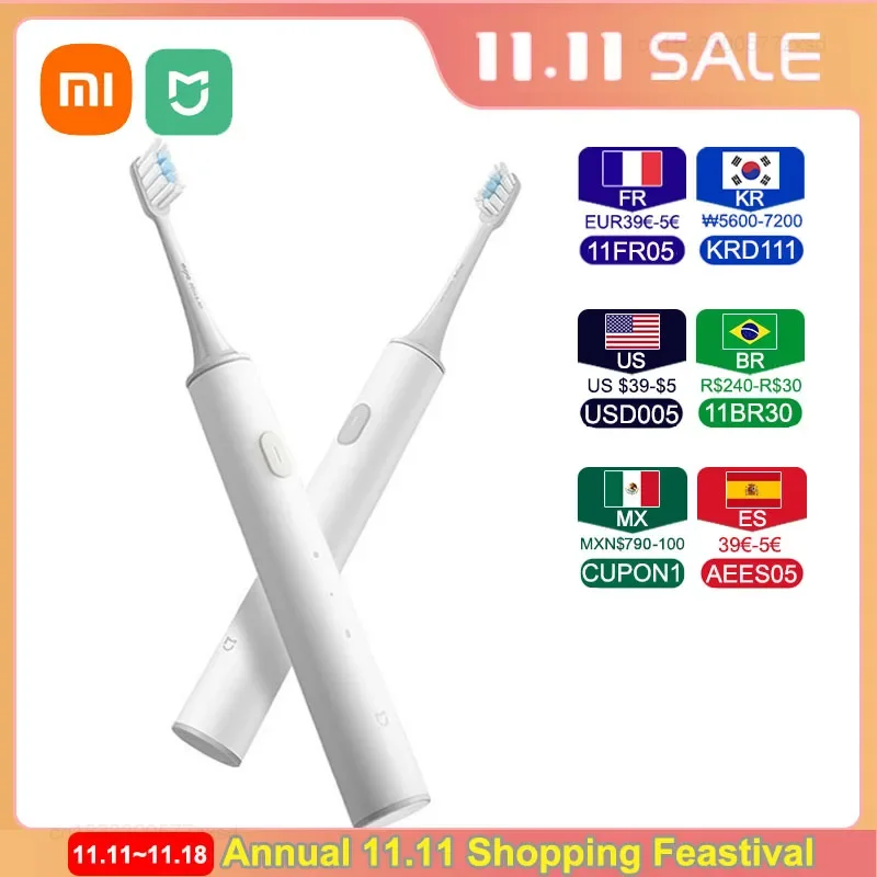 Xiaomi-Brosses à dents électriques Sonic T300, longue durée de vie de la batterie, brosse à dents aste étanche IPX7, blanchiment des dents, 2 modes, ata jia