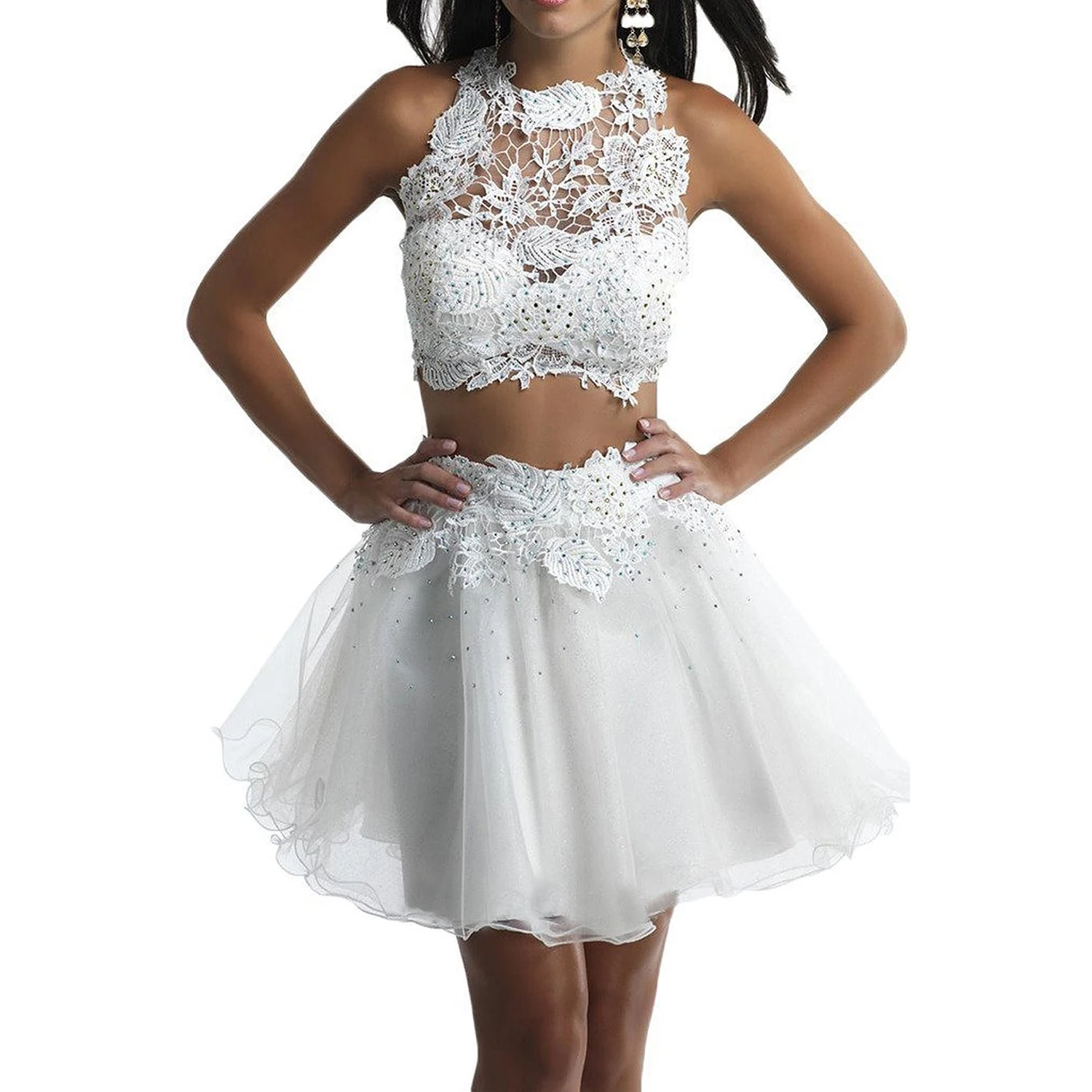 Robe de soirée florale 2 pièces, en dentelle et tulle, courte, perlée, blanche, pour Rhde promo