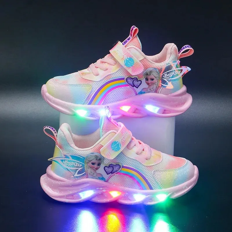 Disney-Baskets décontractées avec lumières LED pour filles, maille respirante, chaussures de sport pour enfants, princesse Elsa, rose, violet, taille 22-35