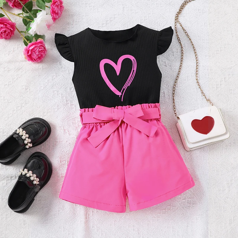 Costume court pour filles, 2 pièces, haut à manches flottantes et Short à taille ceinturée, vêtements d'été pour enfants