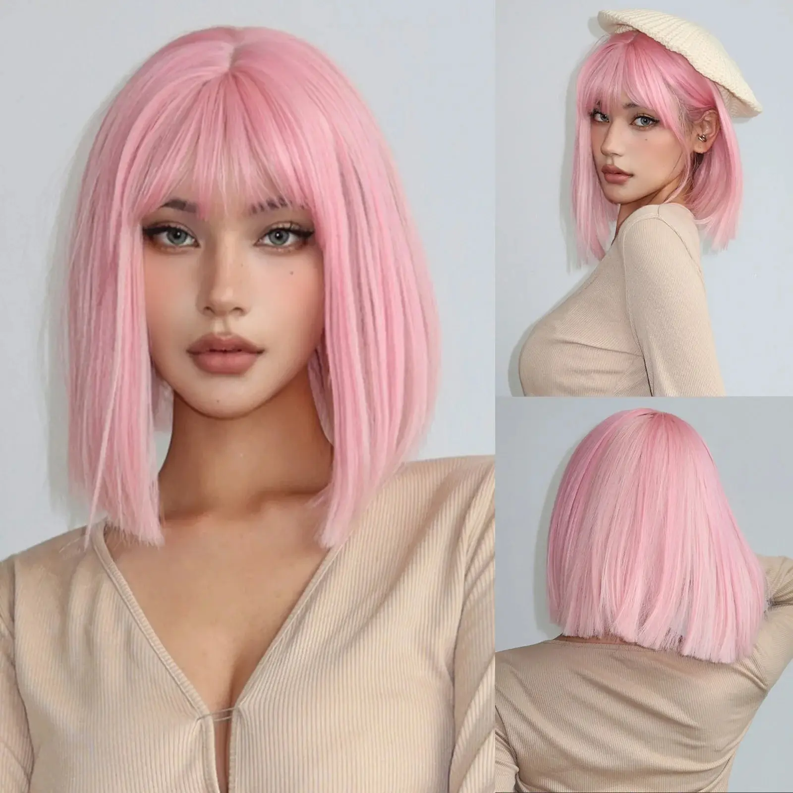 Short Straight Bob Wigs with Bangs Light Pink Natural Synthetic Hair for Women Daily Cosplay Heat Resistant Fiber Wigs