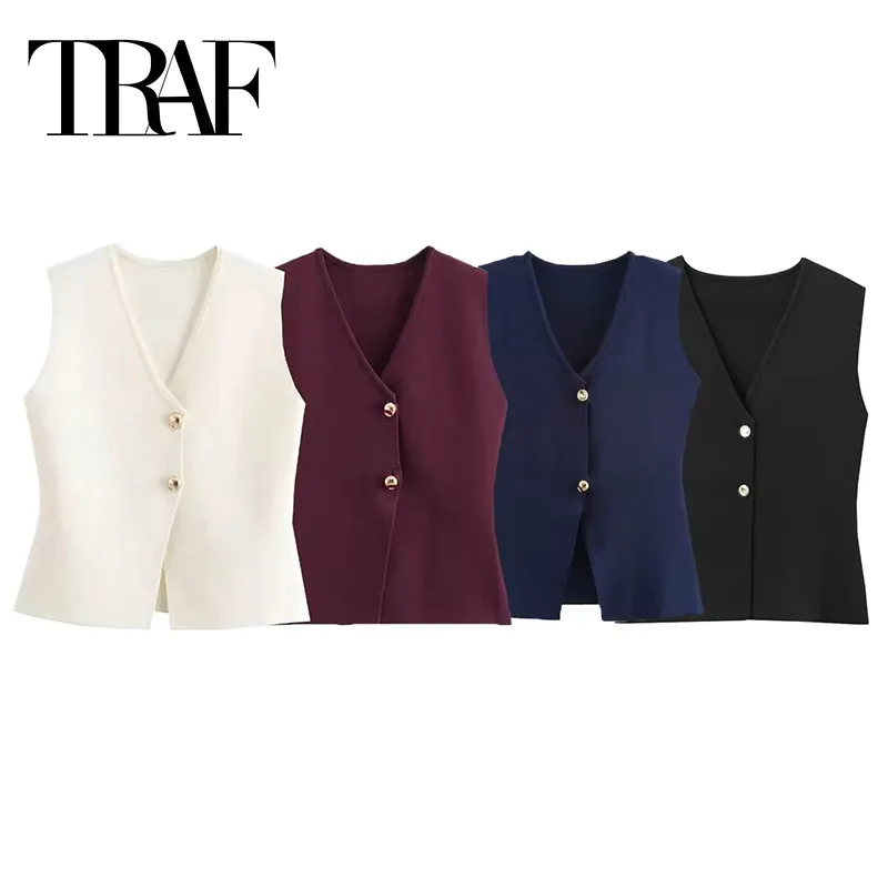 TRAF femme tricot gilet haut recadrée sans manches gilets pour femmes 2024 bouton été gilet haut femme vacances tricoté hauts courts