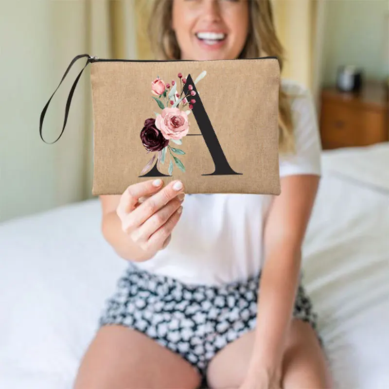 evjf trousse maquillage Pochette avec lettres A, B, C, D, nom personnalisé, combinaison de lettres, sac de poignet en lin Simple, fleur, étui organisateur de voyage pour vacances