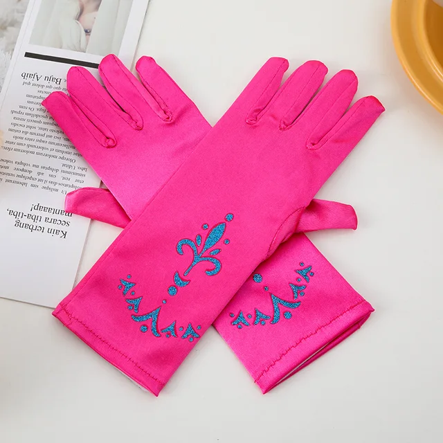 Gants de couronnement Elsa pour filles, mitaine à doigt Long en brocart, vêtements imprimés à paillettes de 24cm, Costume de fête pour enfants – Image 2