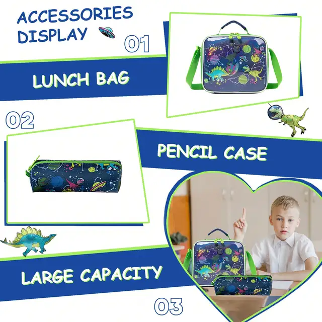 Sac à dos à coque rigide pour garçons, 3 pièces, pour l'école primaire, Extra Large, avec sac à déjeuner et sac à stylos pour pique-nique – Image 5