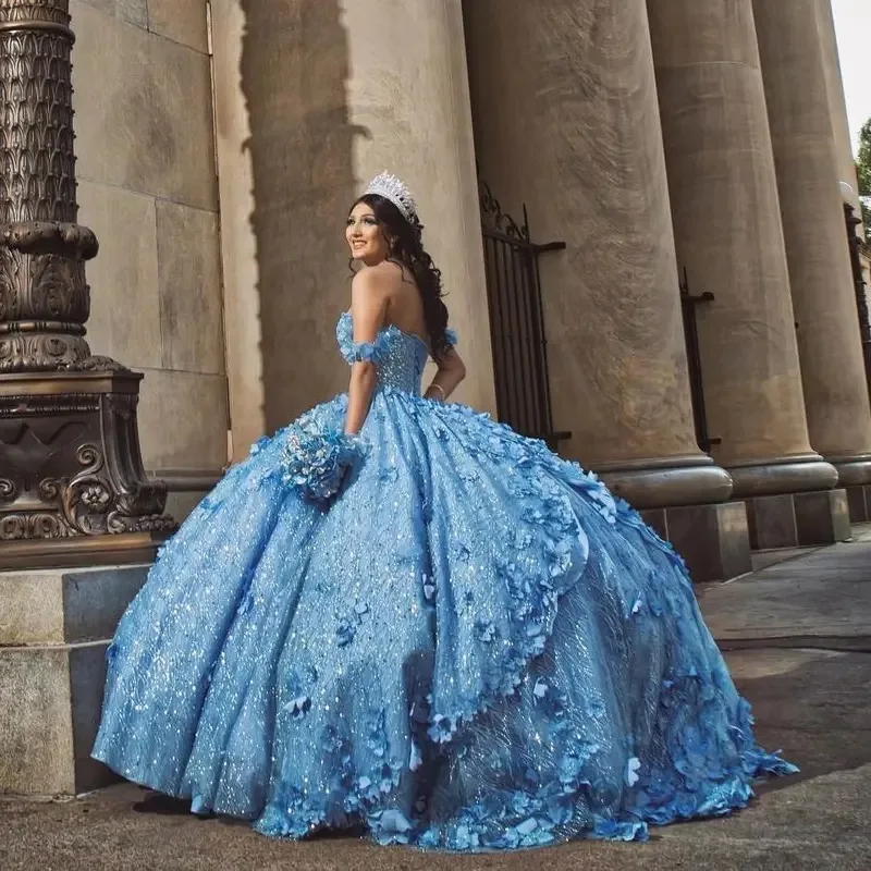 Robes de princesse Quinceanera bleues pour filles, robes de fête d'anniversaire avec appliques, robe éducative personnalisée, Sweet 15 ans