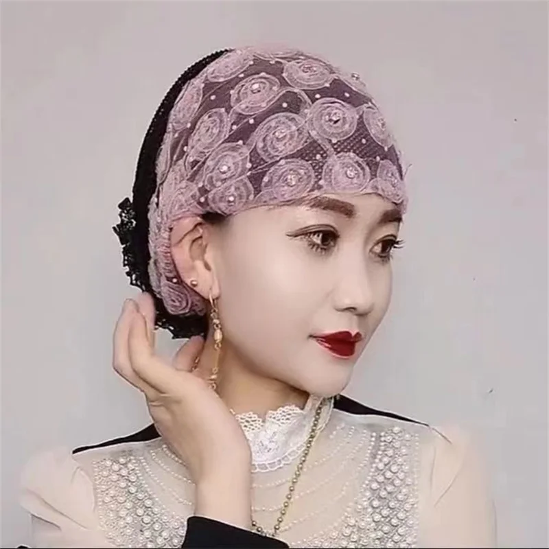 Chapeau Turban en dentelle pour femmes, beau diamant, fleur, maille respirante, couvre-chef musulman d'été, bonnet quotidien, enveloppes pour cheveux