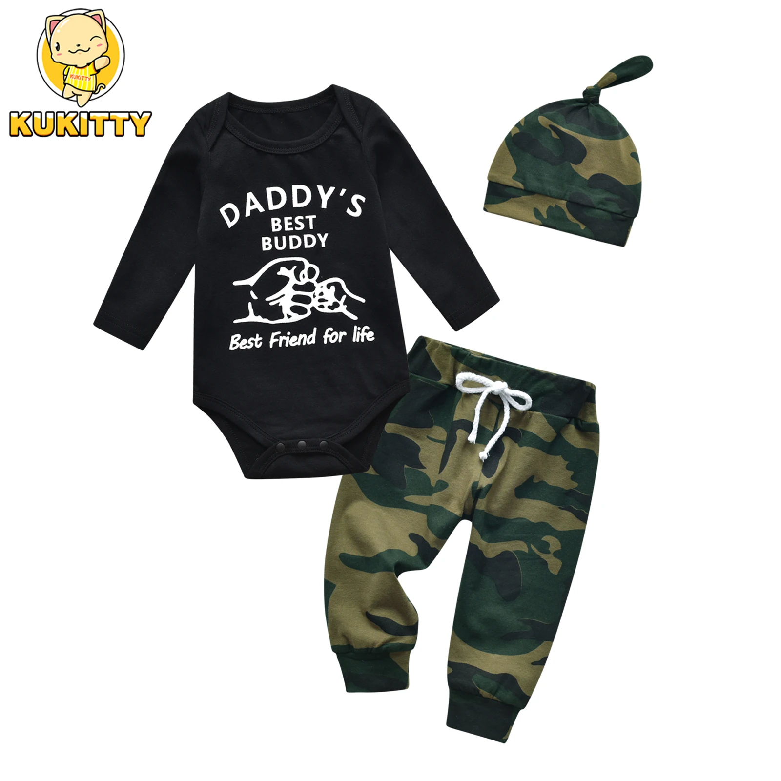 Tenue à manches longues pour nouveau-né garçon, ensemble de vêtements, lettres imprimées, barboteuse, costume de batterie, haut, pantalon de camsalomon, bonnet imbibé pour bébé, nouveau