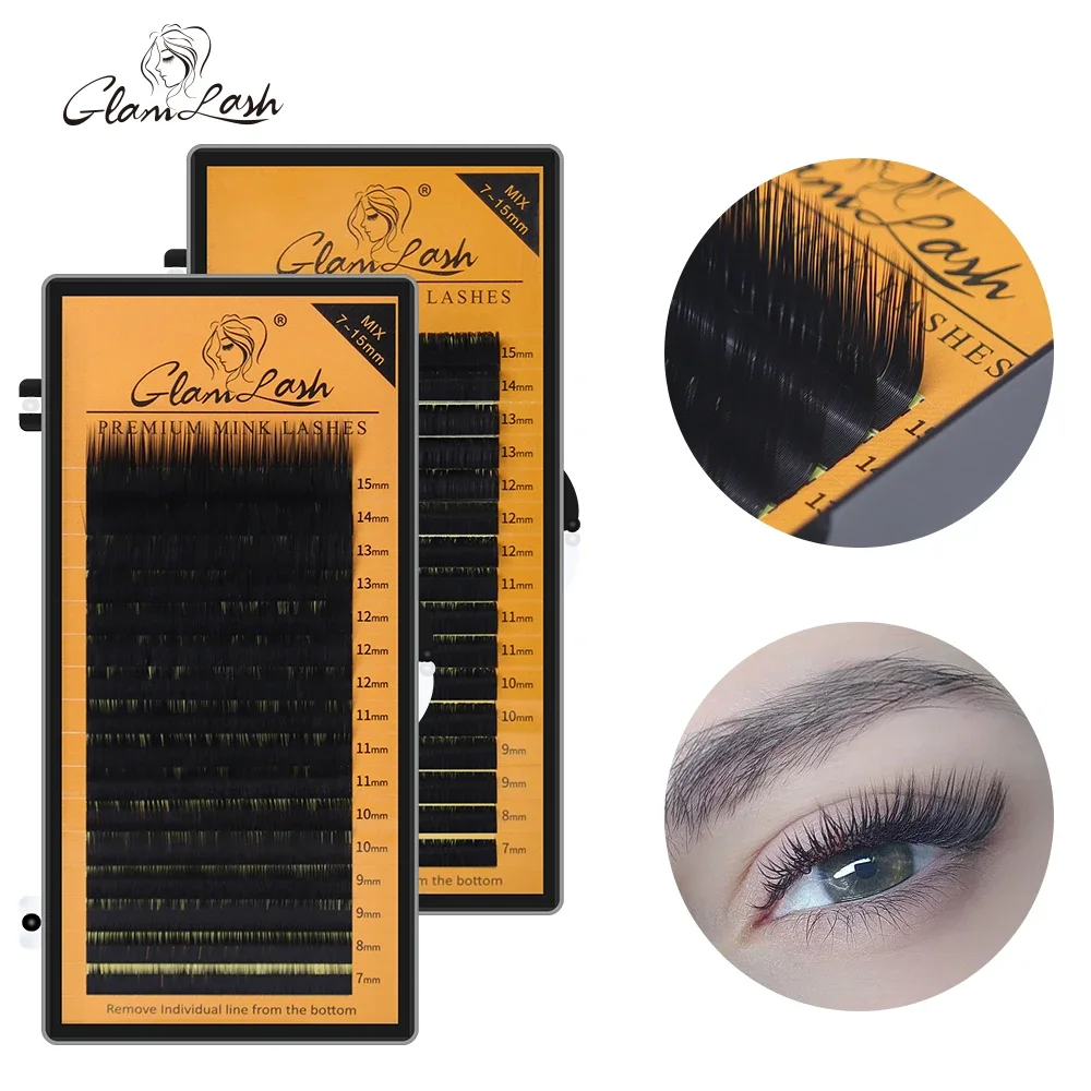 GLAMLASH L/L +/LC/LD/LU(M)/N CURL 7-15mm 16 rangées Volume individuel cils classiques Faux cils en vison Extension faux cils