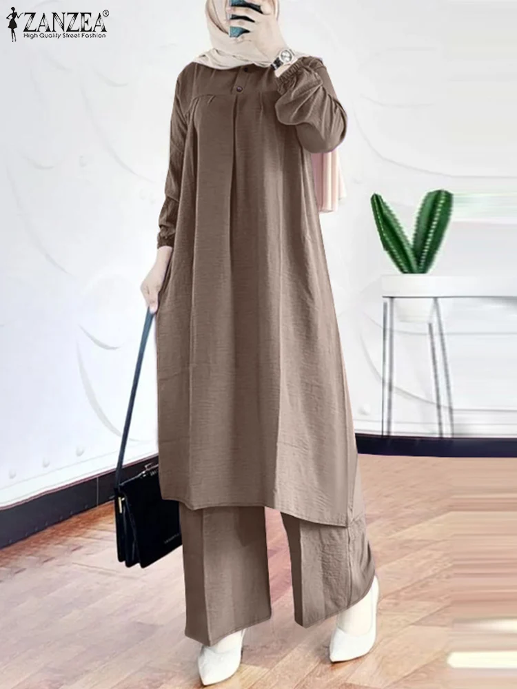ZANZEA-Costumes 2 pièces décontractés pour femmes, surintendant musulman islamique, surintendant à jambes larges, manches longues, chemisier long, tenues d'automne, ensembles de pantalons