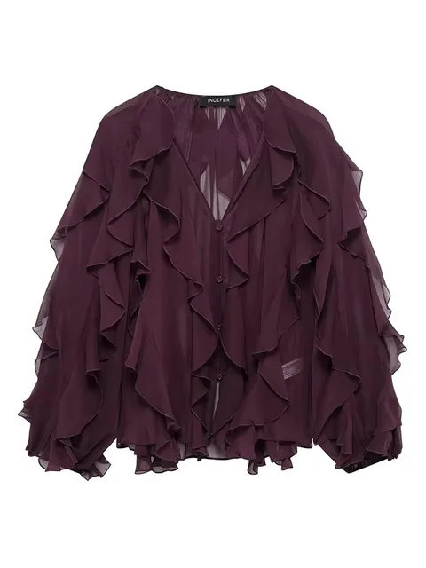 TFMLN – chemisiers translucides à volants pour femmes, nouvelle mode, col en v, simple boutonnage, hauts décontractés à plusieurs niveaux, Style plage, chemise solide, 2025 – Image 4