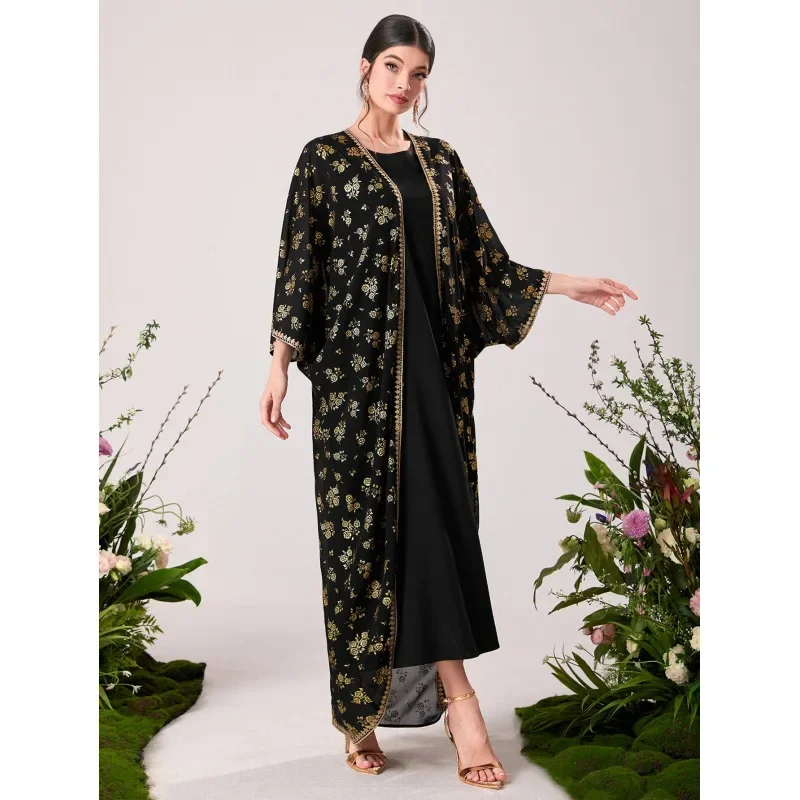 Fashionable Muslim Middle East Gold Embossed Lace Dress Two Piece Set Elegant Women's Clothing Traditional Cultural Style