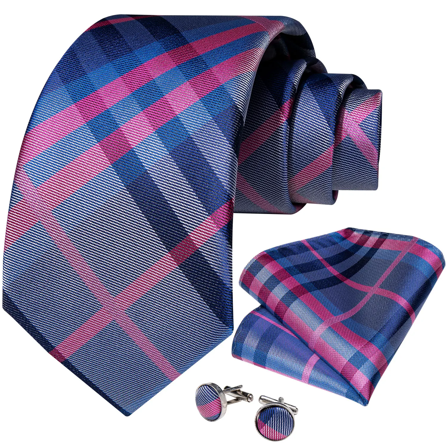 Hi-Tie – ensemble de cravates à carreaux violets et bleus pour hommes, avec boutons de manchette Hankie assortis, cadeau de bal de mariage, 3 pièces