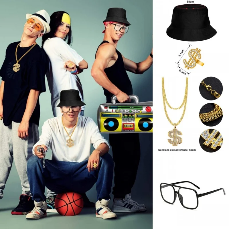 Fancy Cosplay Adult Costume Outfit Set Big Gold Chain Glasses Ring Hat Hip Hop Rapper Accessories  80s 90s Dress Up Costumes Set