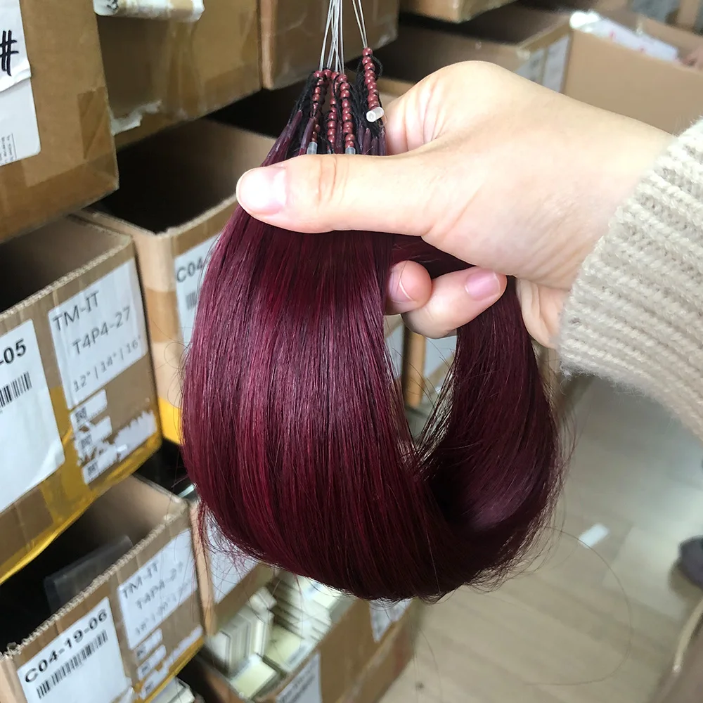 Extensions de Cheveux Humains 8D 100% Naturels, Micro Perle Bordeaux, Silicone Invisible, Anneau de Caractère