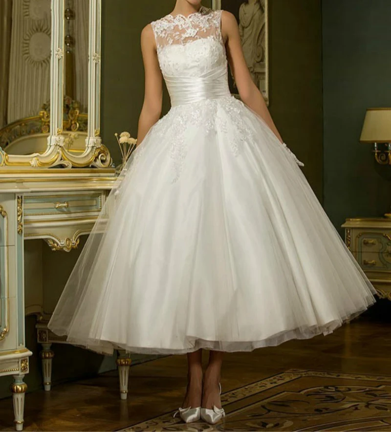 Robe de mariée courte vintage en dentelle et tulle, robe de Rhde princesse, dos en V, longueur en fibre de thé, robe de mariée, robe de mariage, robe éducative