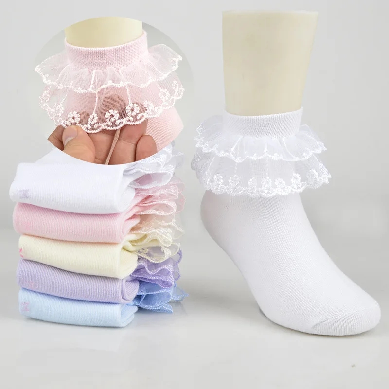 Chaussettes Courtes en Coton et Dentelle à Volants pour Bébé Fille, Accessoire Respirant en Maille, Blanc, Rose, Bleu, 2 Paires