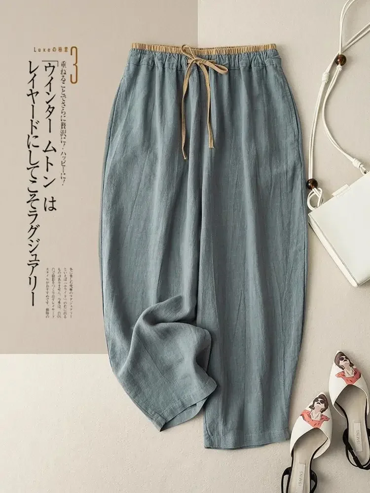 Pantalon artificiel astique en Coton et Lin Rétro, Sarouel, Polyvalence Basique, Jambes Larges, Longueur de Rinçage, Été