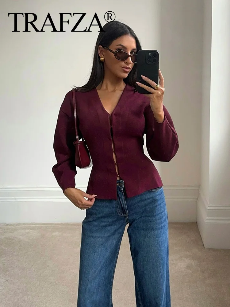 TRAFZA femmes élégant tricoté manteaux mode bordeaux rouge col en v mince Cardigan automne bureau dame Chic solide à manches longues vêtements d'extérieur