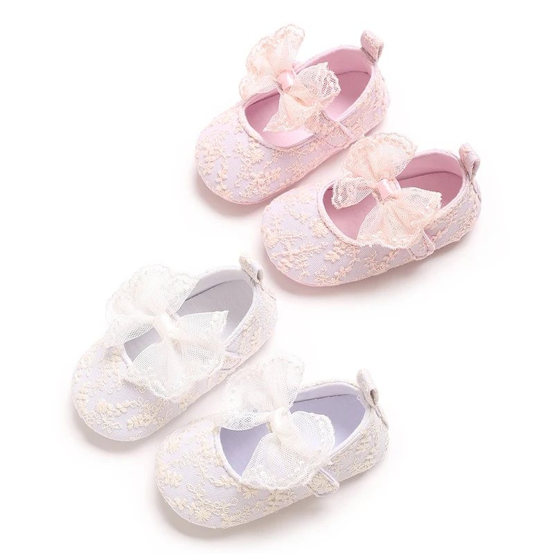 Chaussures de princesse en dentelle avec nœud anti-ald pour enfants d'âge alth, semelle souple, chaussures décontractées pour bébé fille, premiers pas, quatre saisons, 0-18 mois, nouveau