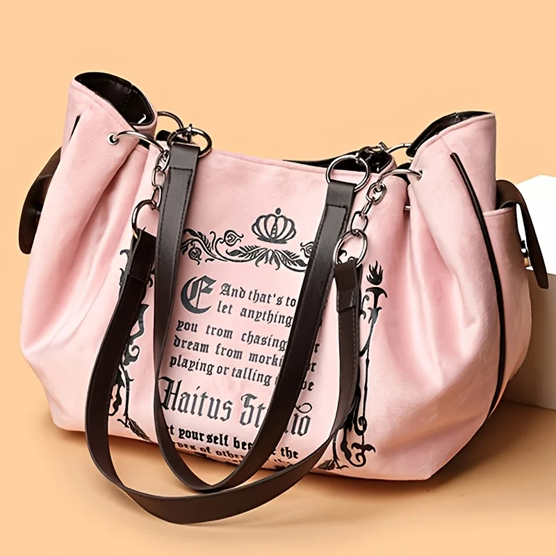 Sac à main en faux daim pour femmes, sac à bandoulière avec lettres imprimées, fourre-tout rétro de grande capacité pour les déplacements quotidiens et le transport à la main. Sac citrouille