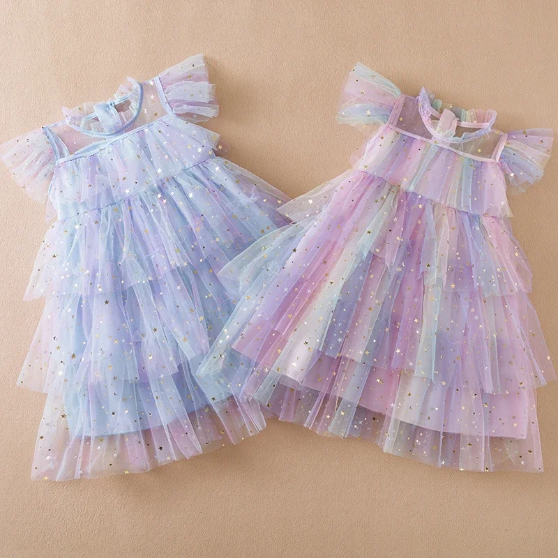 Petites filles paillettes vêtements 2024 été tenue décontractée 3-8 ans bébé anniversaire robes maille fête de mariage robes de princesse pour les enfants
