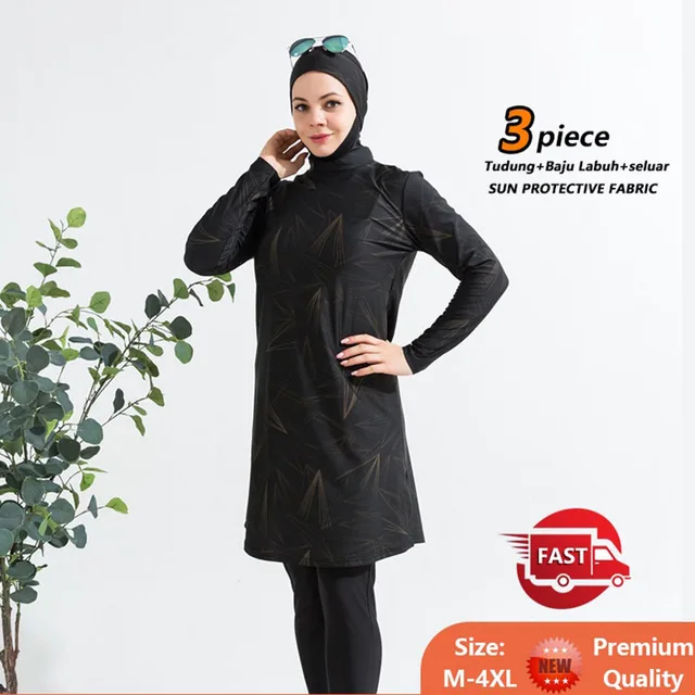 burkini maillots de bains musulmans maillot bain femme hijab femme musulman Maillots de bain pour femmes musulmanes, manches longues, imprimé, modeste, burkini, 3 pièces – Image 5
