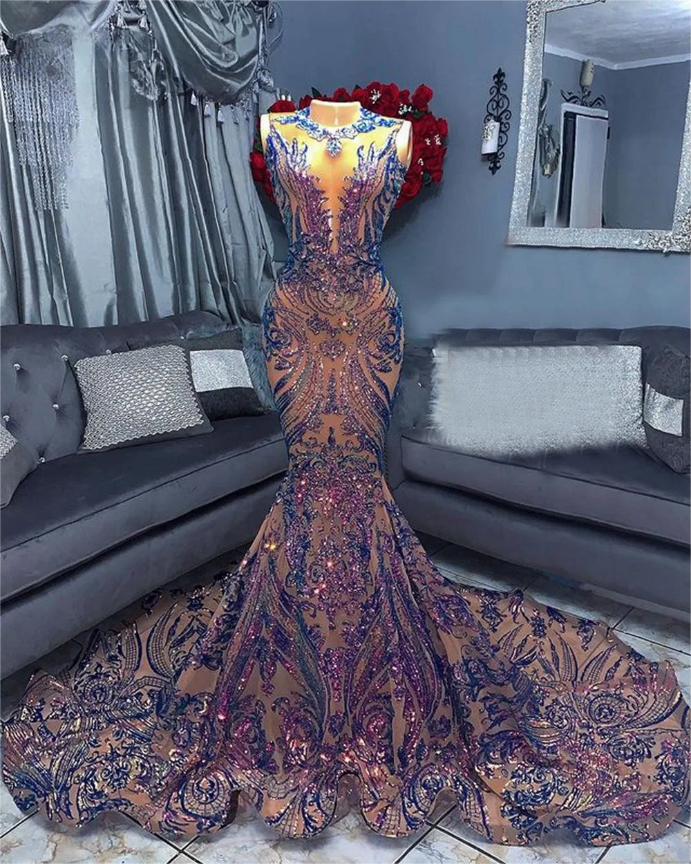 Robe longue en dentelle haut de gamme pour femmes africaines, robe sirène sexy, paillettes µ, robe de soirée pour filles noires, robe de soirée de célébrité, 2023
