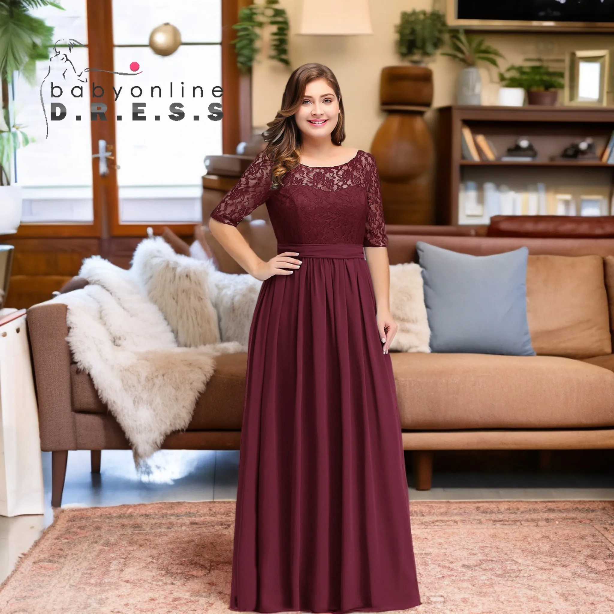 BABYONLINE-Robe de Demoiselle d'Honneur Élégante en Mousseline de Soie, avec Manches Corsaires en Dentelle, Entièrement Doublée, Fermeture Éclair au Dos, 3/4