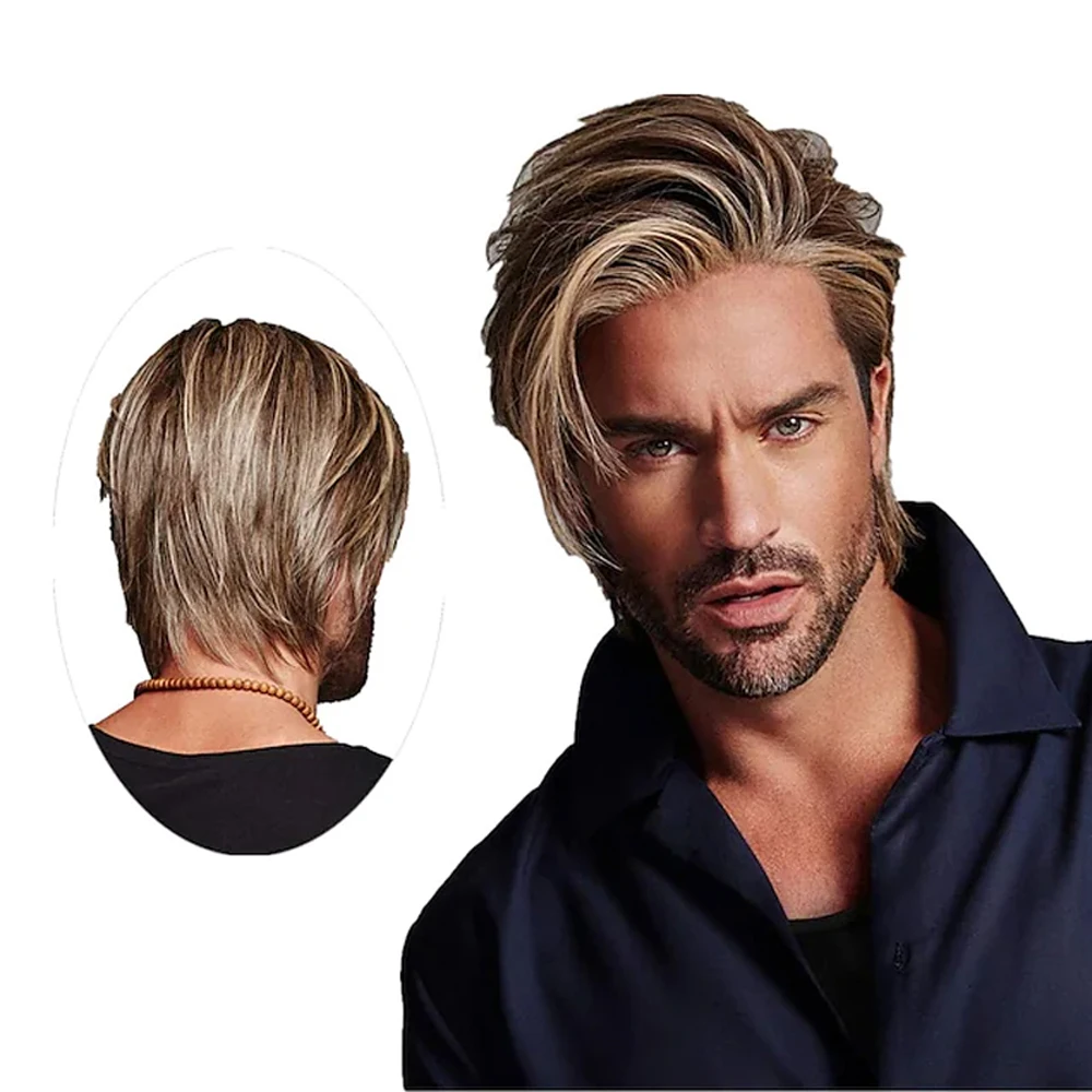 HAIRJOY Men Brown Mixed Wig Short Layered Synthetic Hair for Male Cosplay Anime Halloween Wig