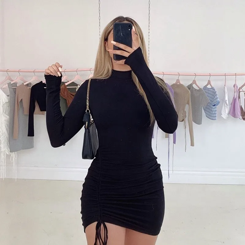 Robe élégante à lacets, couleur unie, plissée, coupe cintrée, moulante, Mini robes Sexy pour femmes, violet et noir