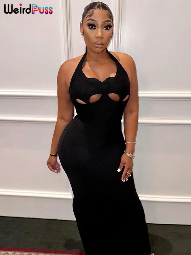 Bizarre chat creux Sexy robe de soirée femmes été dos nu licou sans manches solide moulante dos fendu Stretch minuit robes