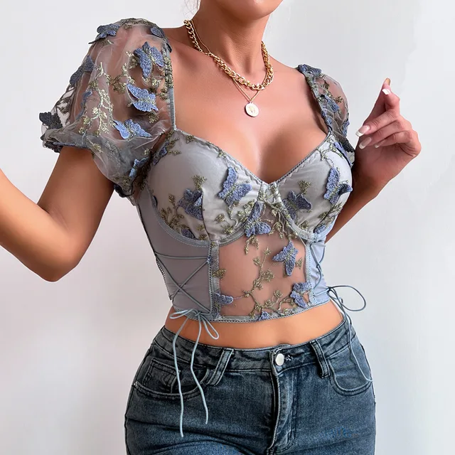 Yimunancy Floral broderie culture hauts femmes manches bouffantes froncé dos nu Boho hauts – Image 4