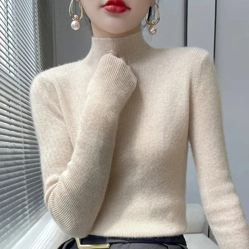 MEXZT solide pull femmes demi col roulé tricoté pulls Harajuku coréen épais tricots automne hiver mode mince pulls