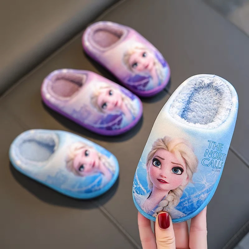 Disney Elsa princesse modèle bébé filles coton pantoufles automne hiver chaussures d'intérieur dessin animé mignon enfants chaud coton pantoufles