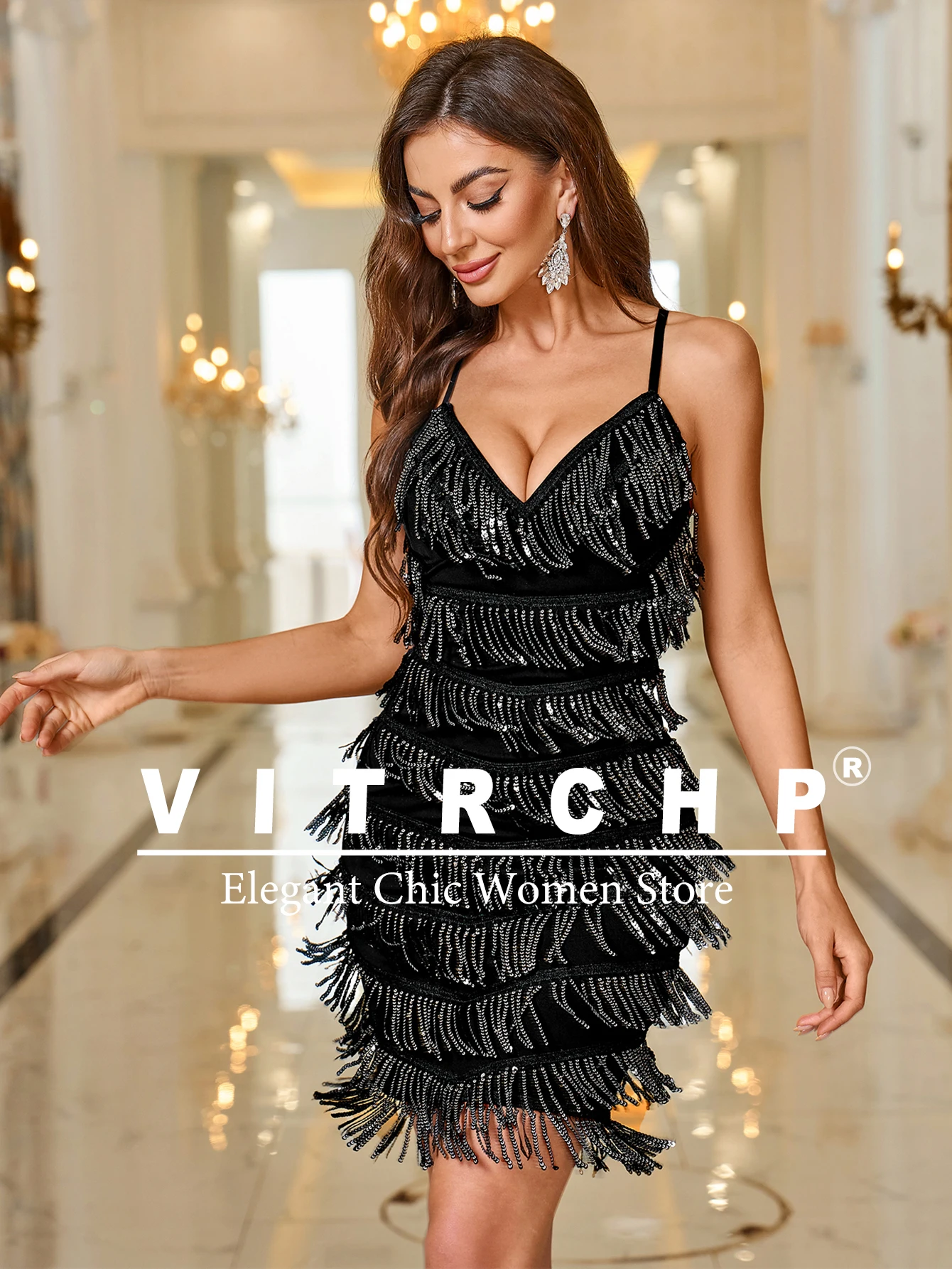 Robe de Soirée Sexy à Bretelles et Col en V pour Femme, Dos aux, Mini Paillettes, Franges, ixd'Anniversaire, Boîte de Nuit, Été, 2025