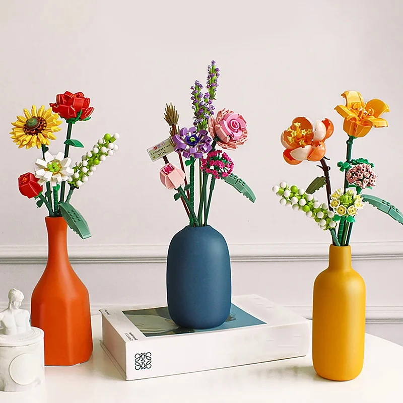Blocs de construction de Bouquet de fleurs de roses romantiques, modèle de tournesol, briques, décoration de bureau créative, jouets DIY pour enfants, cadeaux pour filles